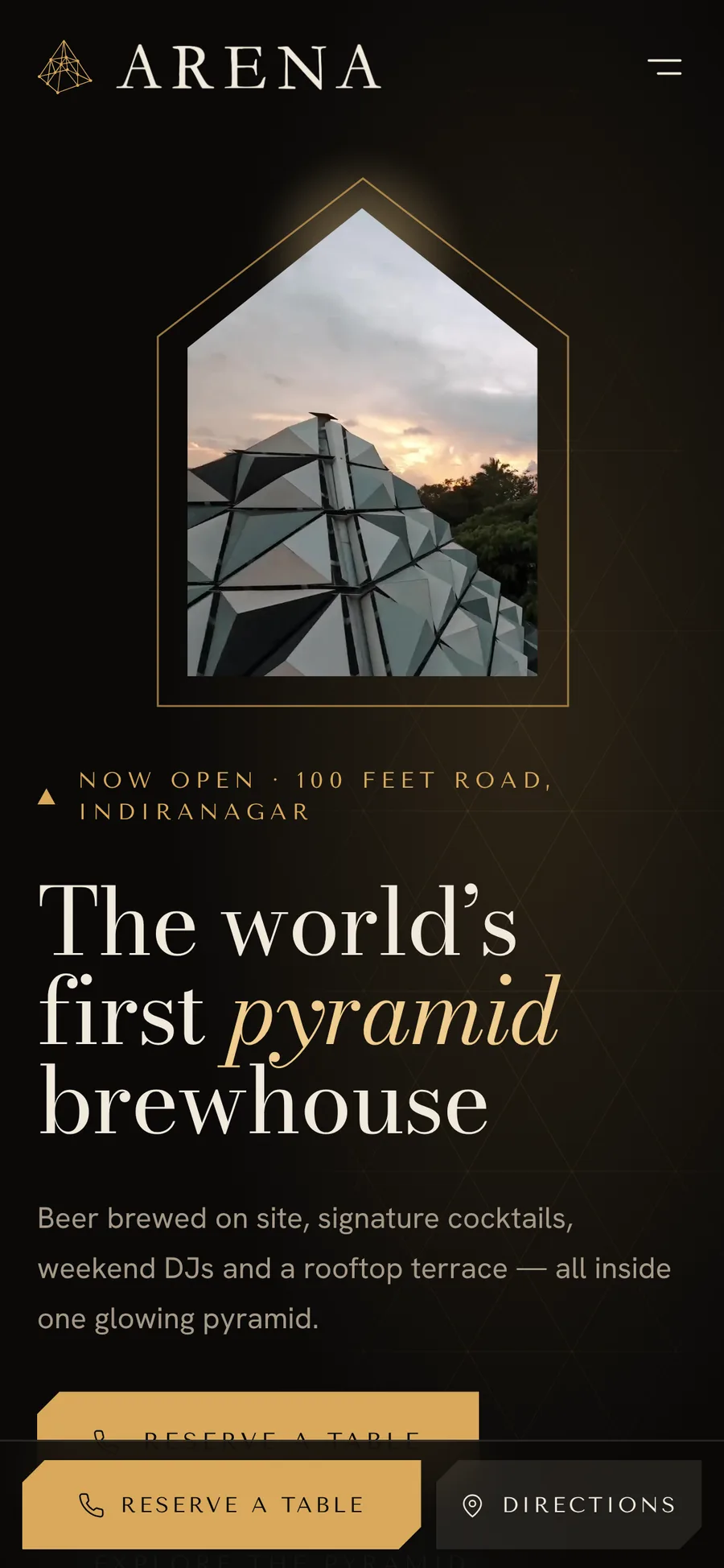 Arena Brewhouse website on mobile