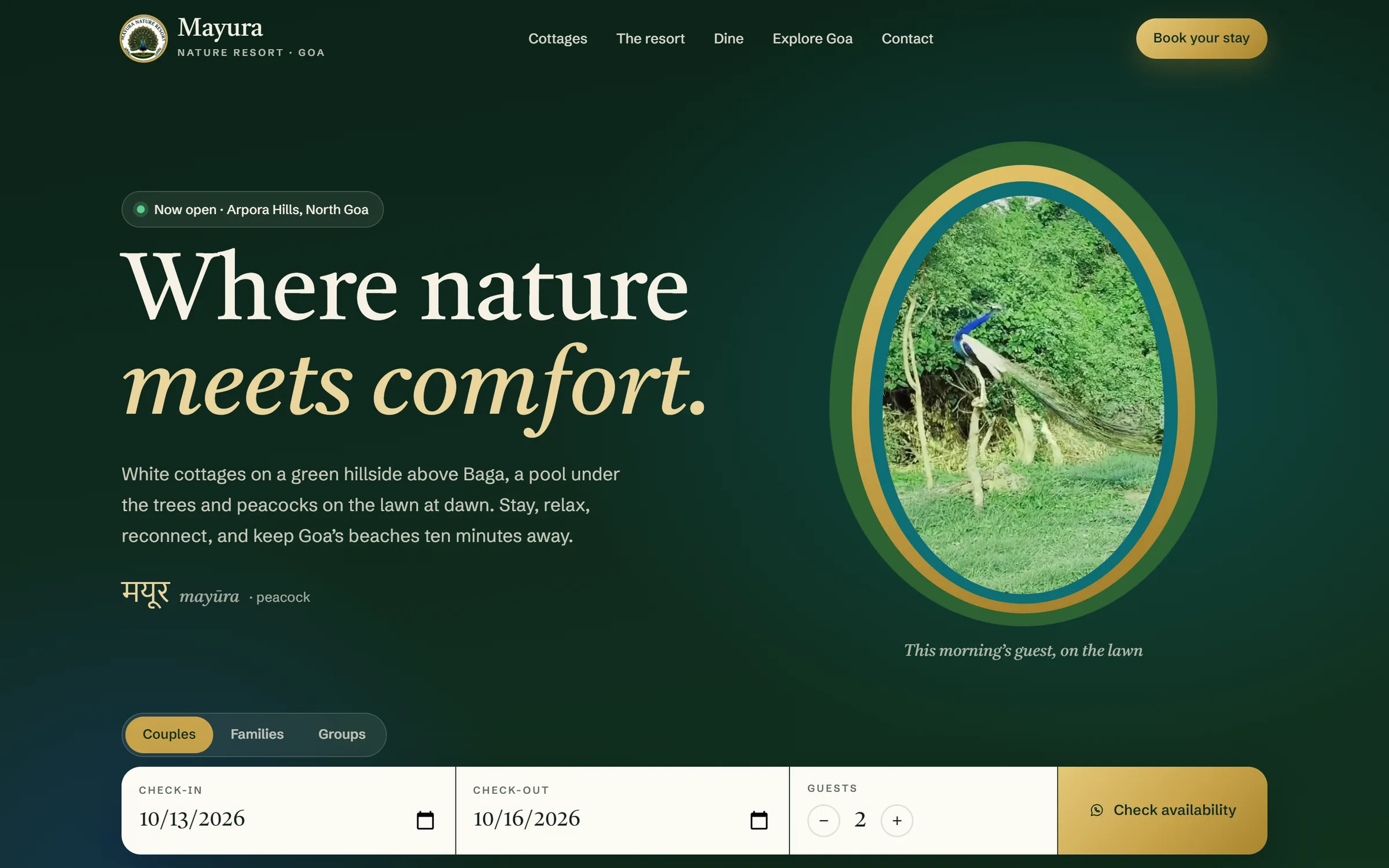 Mayura Nature Resort website on desktop