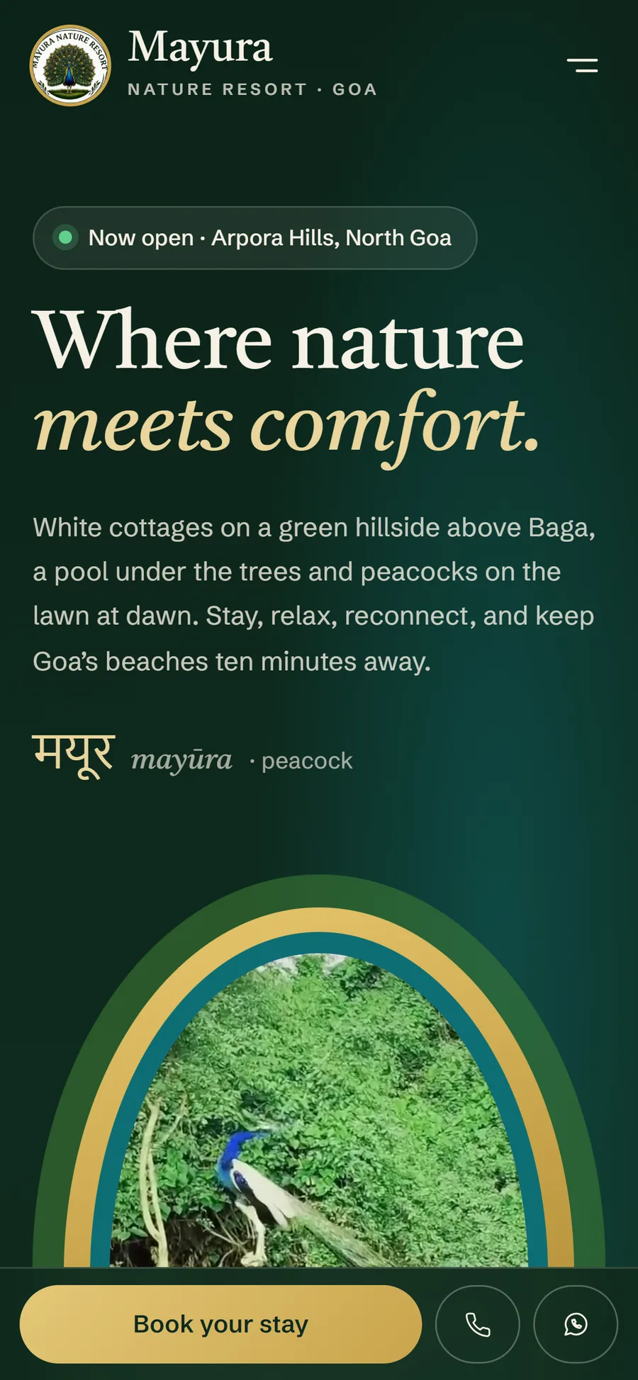 Mayura Nature Resort website on mobile
