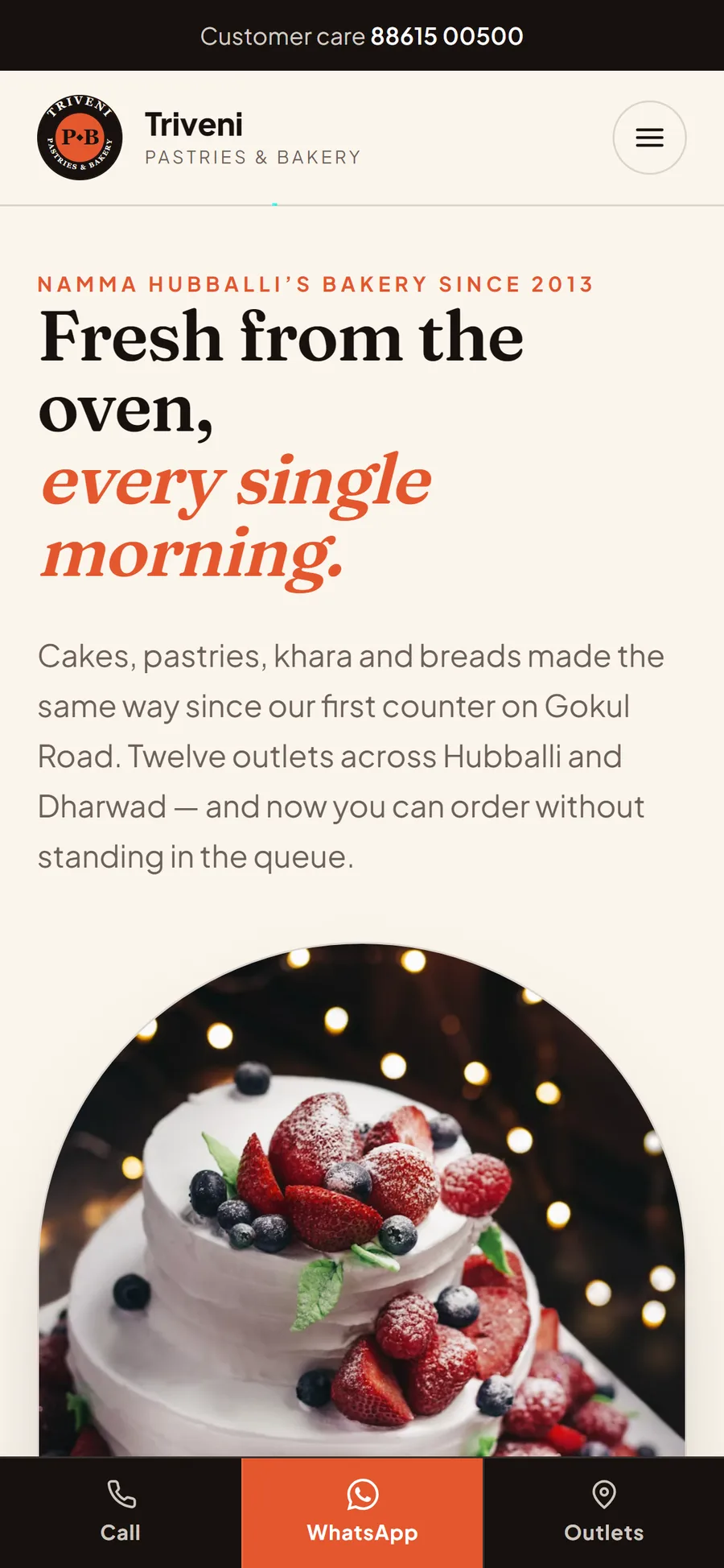 Triveni Pastries website on mobile